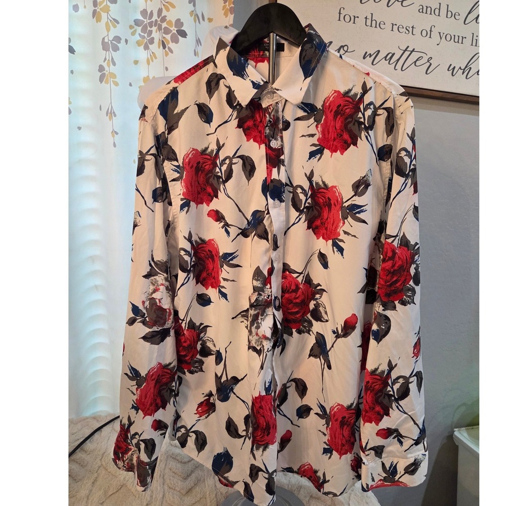 Coofandy Mens Red Rose Floral Print Long Sleeve Button Down Shirt White Large